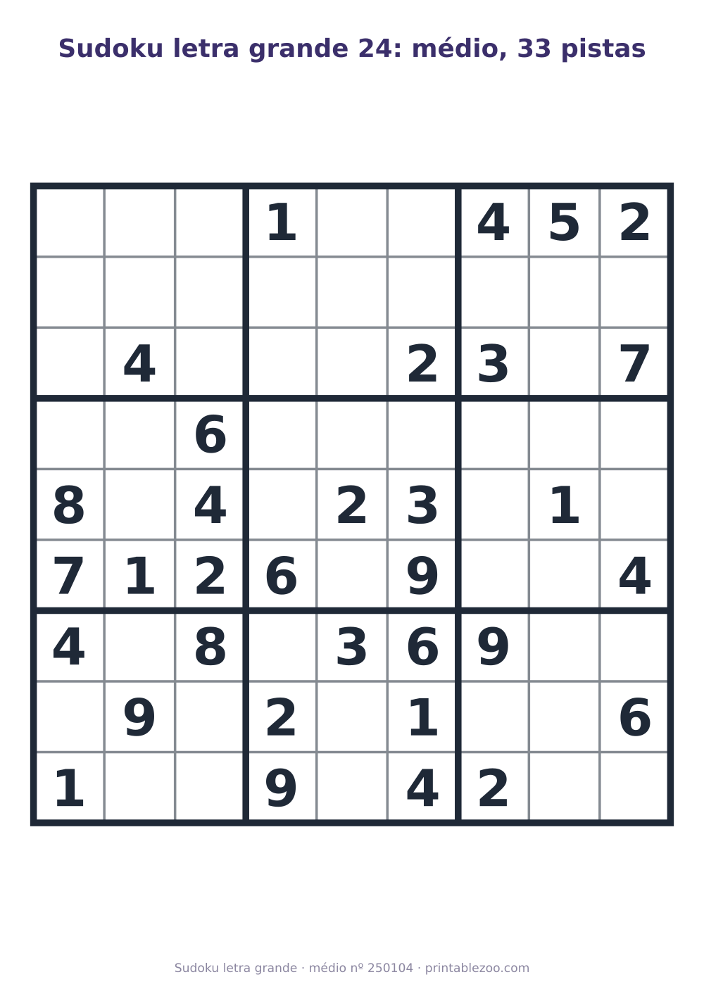 Sudoku letra grande para imprimir de nível médio, 33 pistas, desafio 250104