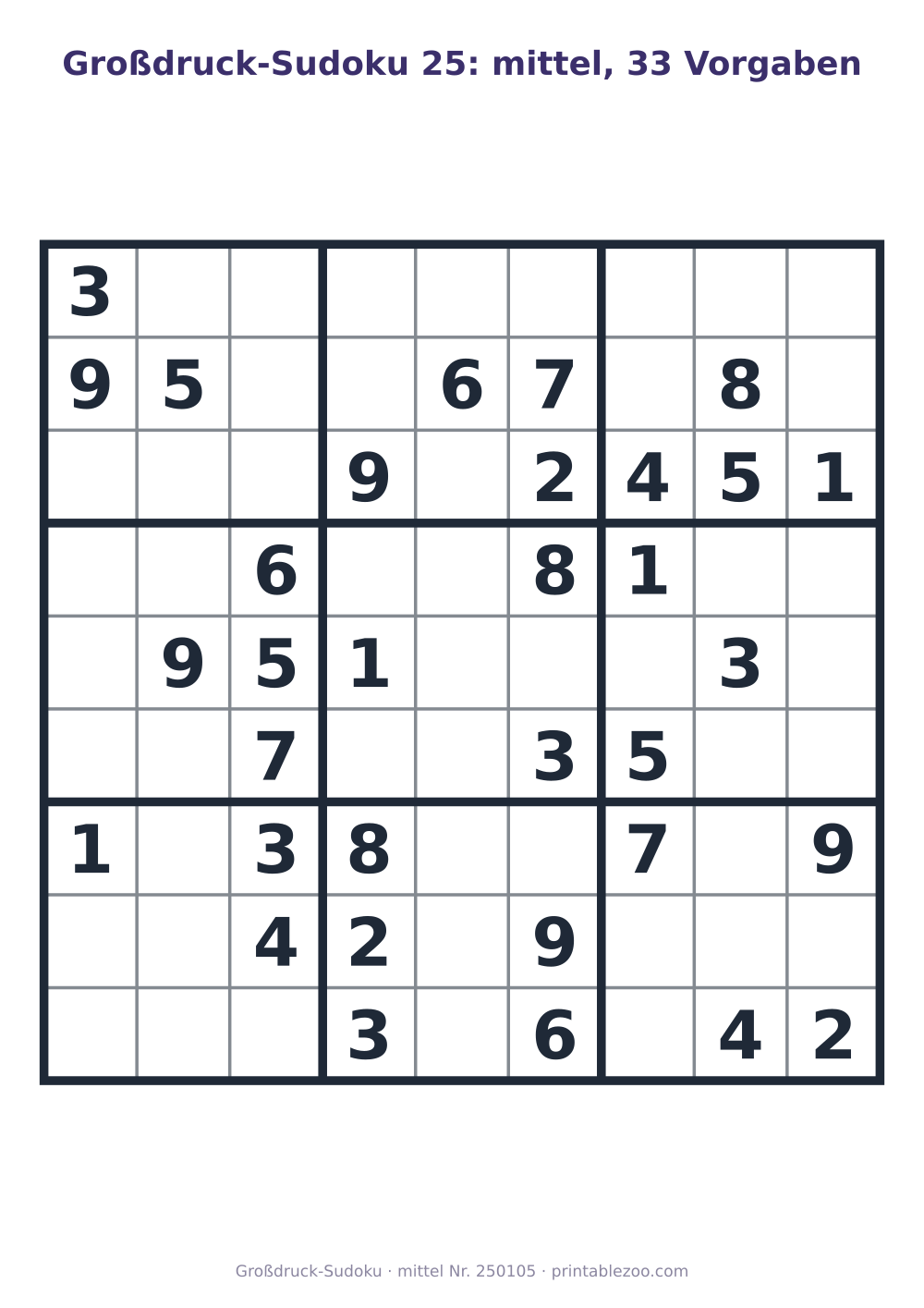 Großdruck-Sudoku zum Ausdrucken, Stufe mittel, 33 Vorgaben, Rätsel 250105