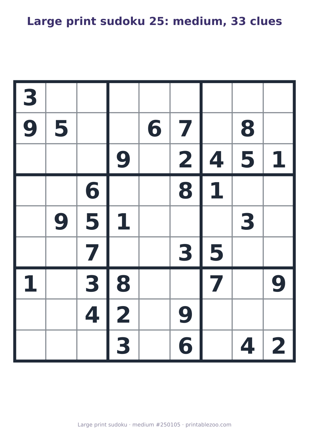 Large print sudoku printable, medium, 33 clues, puzzle 250105