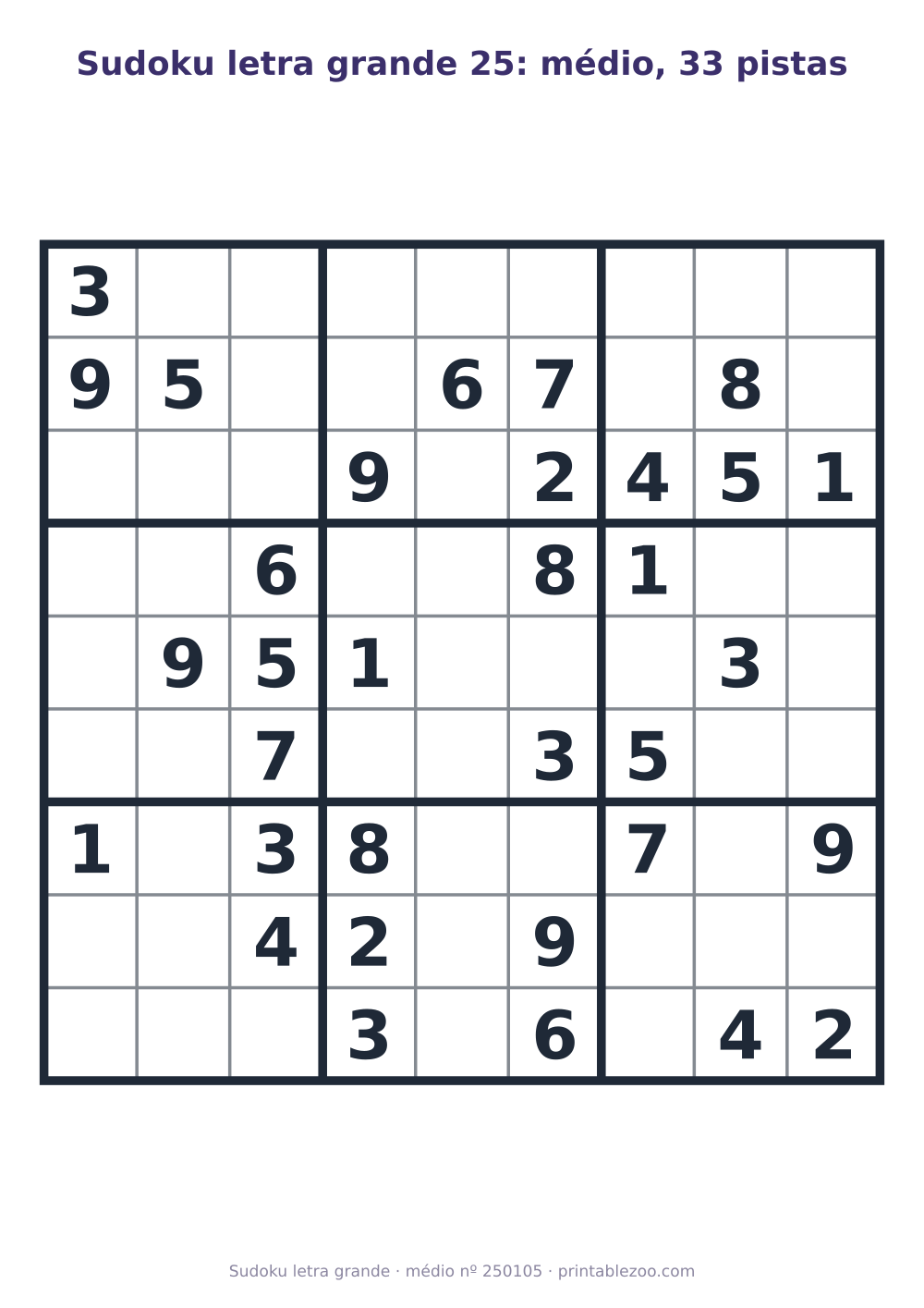 Sudoku letra grande para imprimir de nível médio, 33 pistas, desafio 250105
