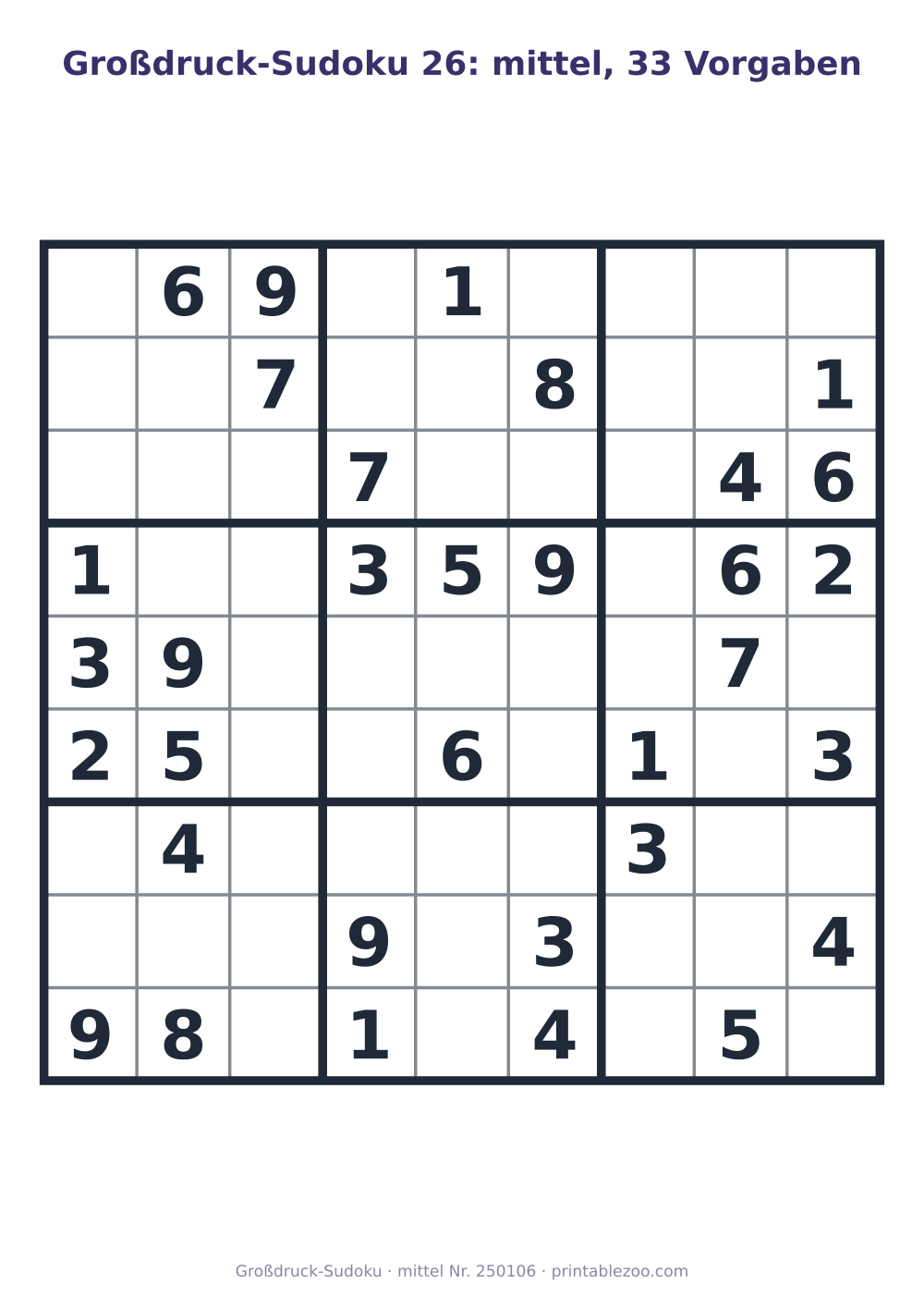 Großdruck-Sudoku zum Ausdrucken, Stufe mittel, 33 Vorgaben, Rätsel 250106