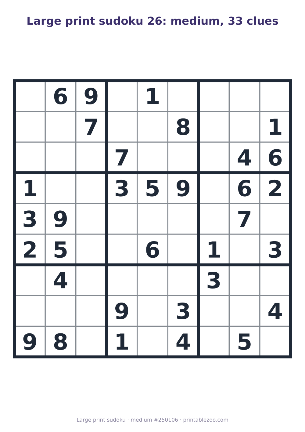 Large print sudoku printable, medium, 33 clues, puzzle 250106