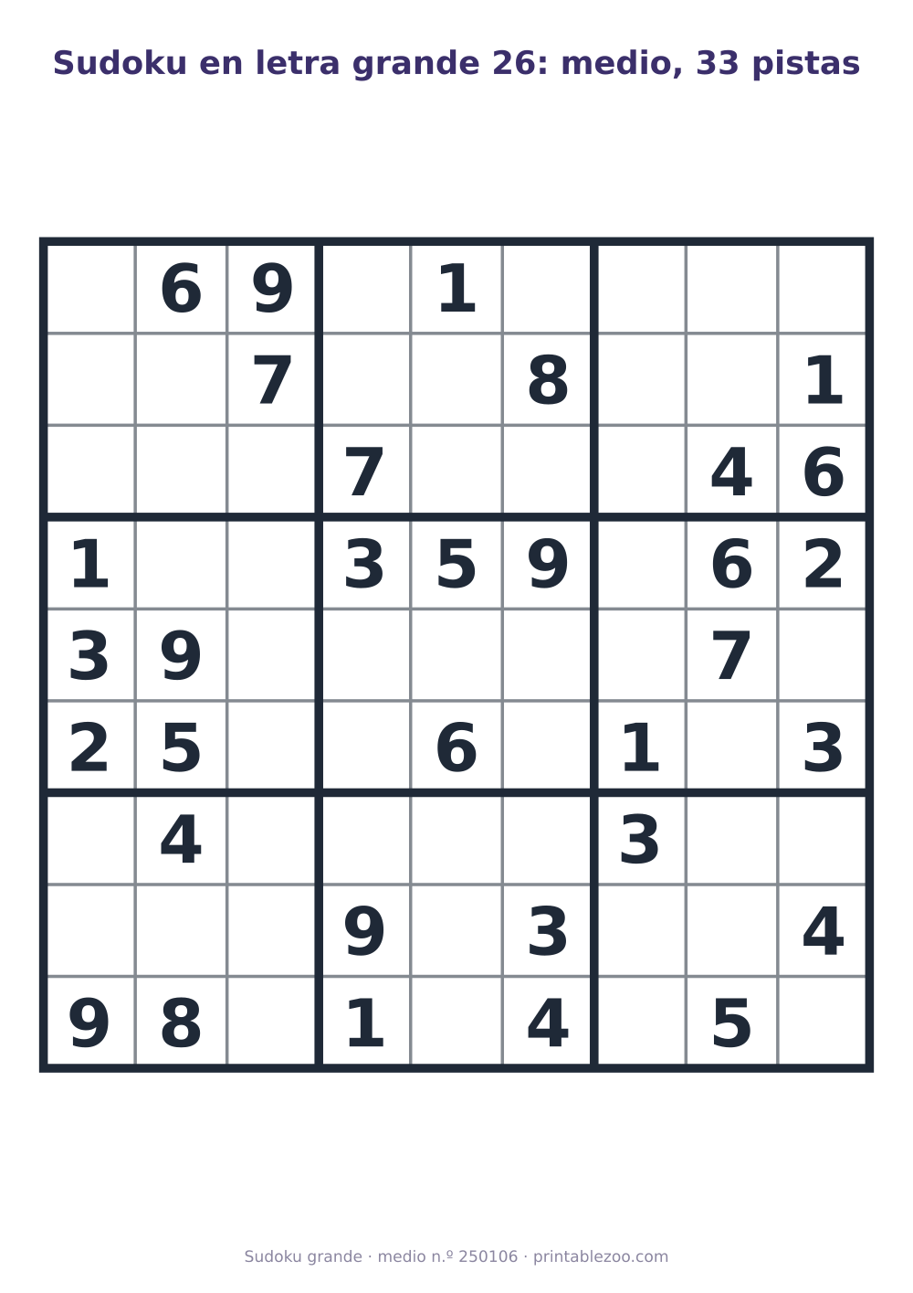 Sudoku en letra grande para imprimir de nivel medio, 33 pistas, pasatiempo 250106