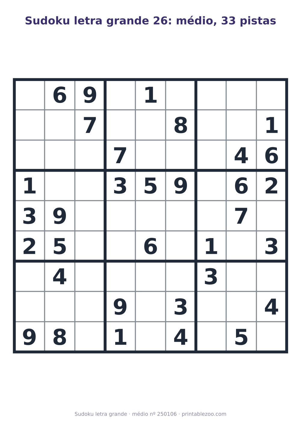 Sudoku letra grande para imprimir de nível médio, 33 pistas, desafio 250106