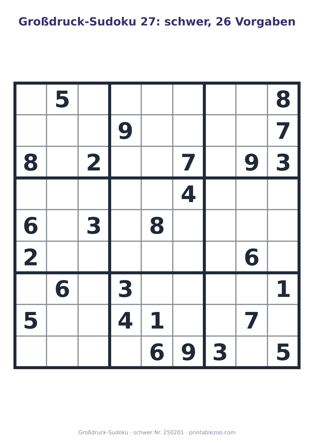 Großdruck-Sudoku zum Ausdrucken, Stufe schwer, 26 Vorgaben, Rätsel 250201