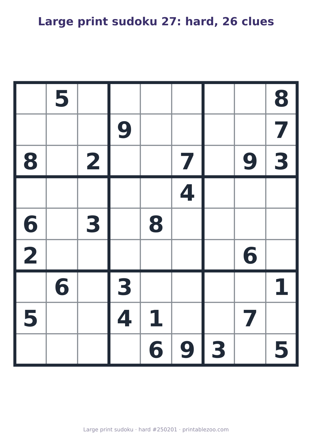 Large print sudoku printable, hard, 26 clues, puzzle 250201