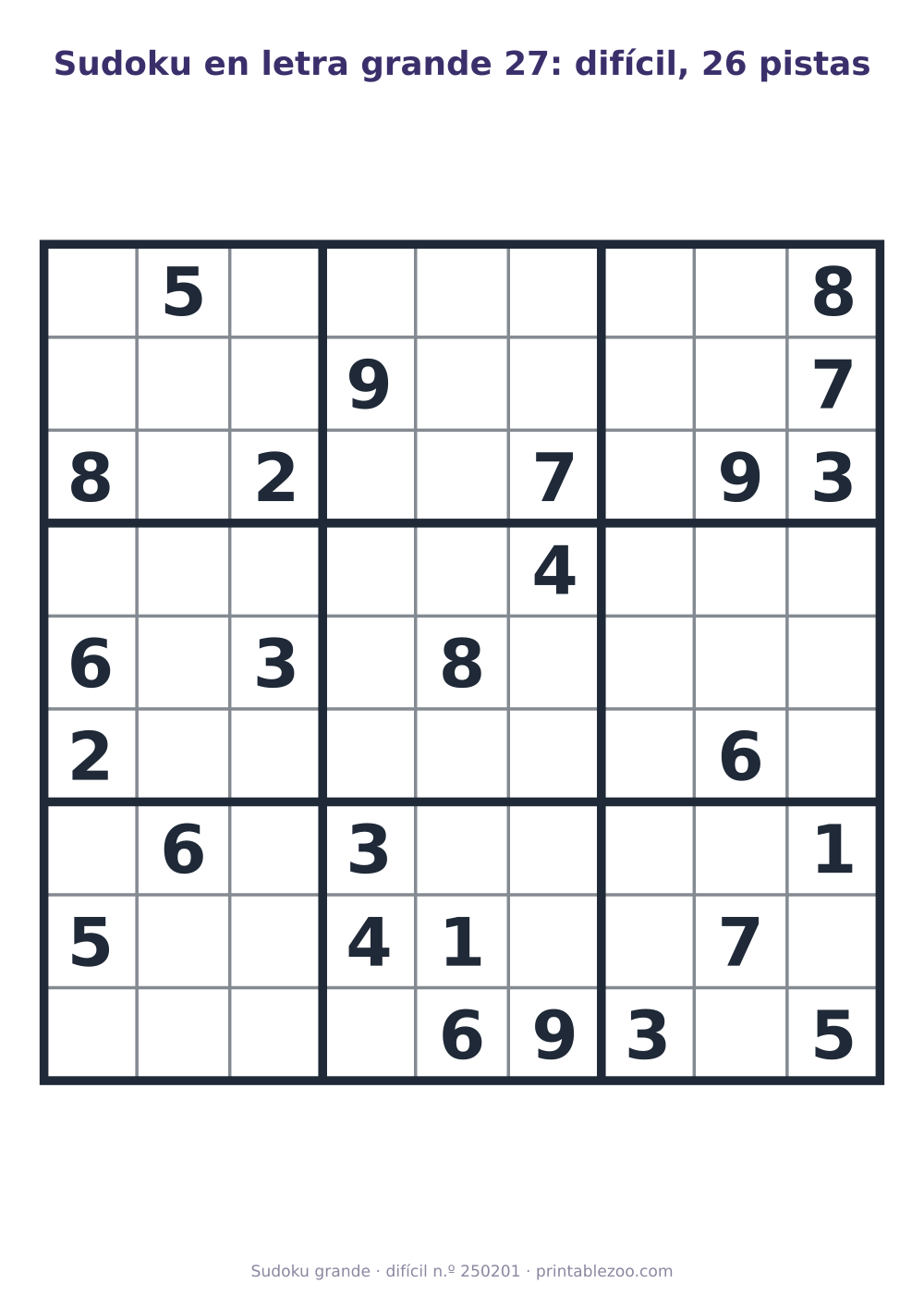 Sudoku en letra grande para imprimir de nivel difícil, 26 pistas, pasatiempo 250201