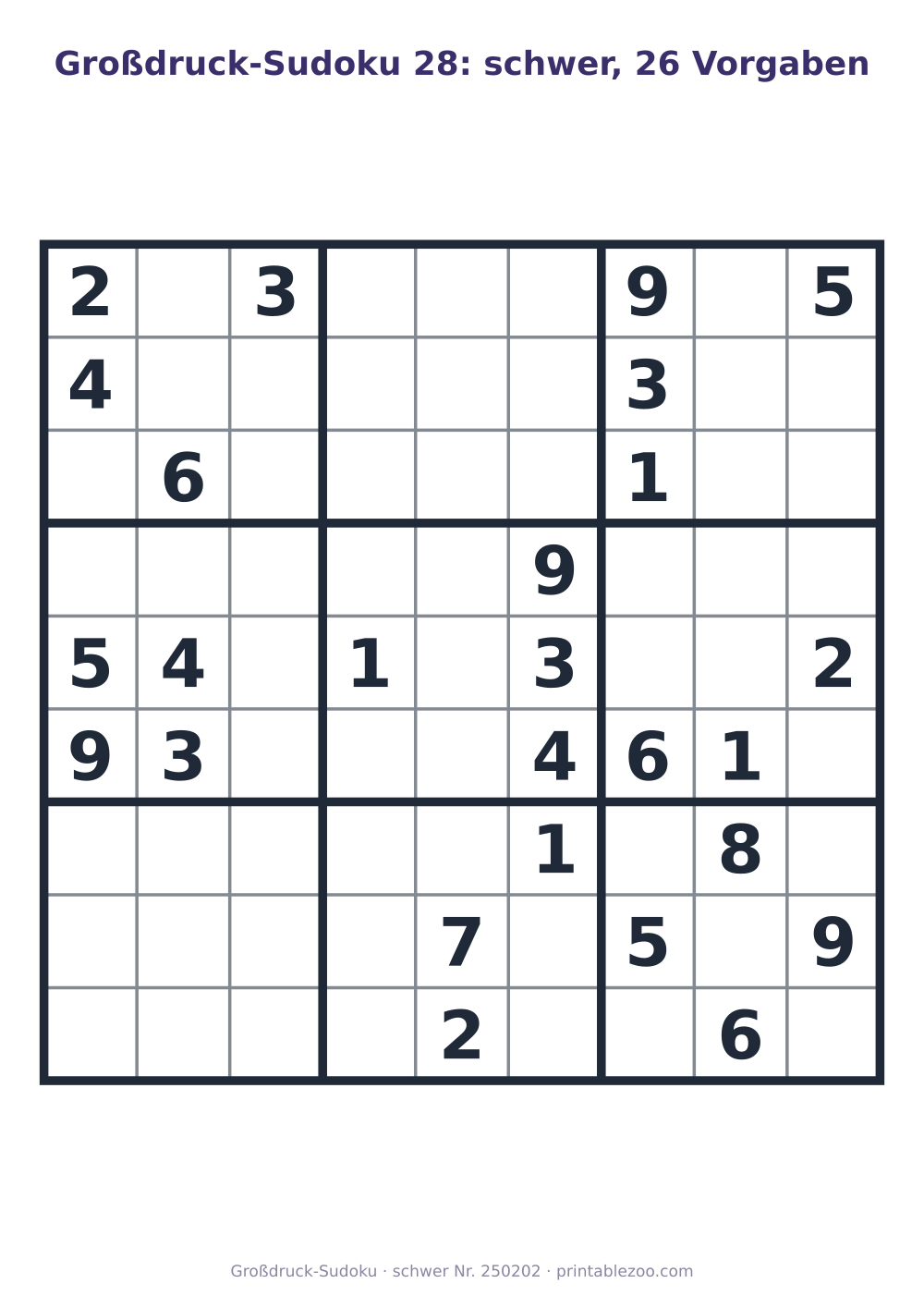 Großdruck-Sudoku zum Ausdrucken, Stufe schwer, 26 Vorgaben, Rätsel 250202