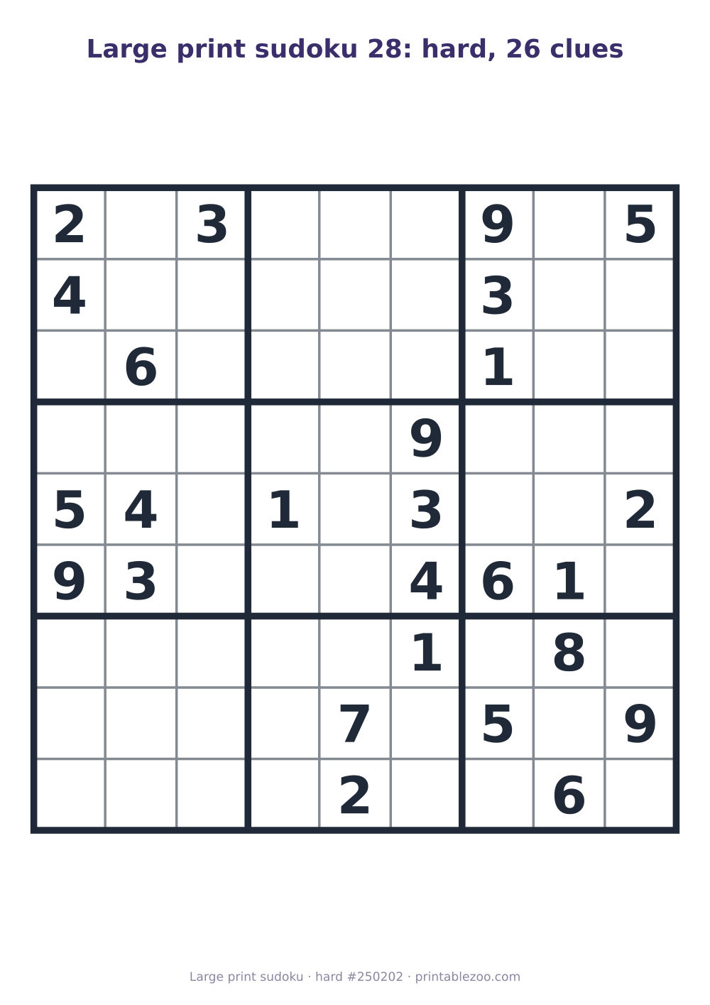 Large print sudoku printable, hard, 26 clues, puzzle 250202