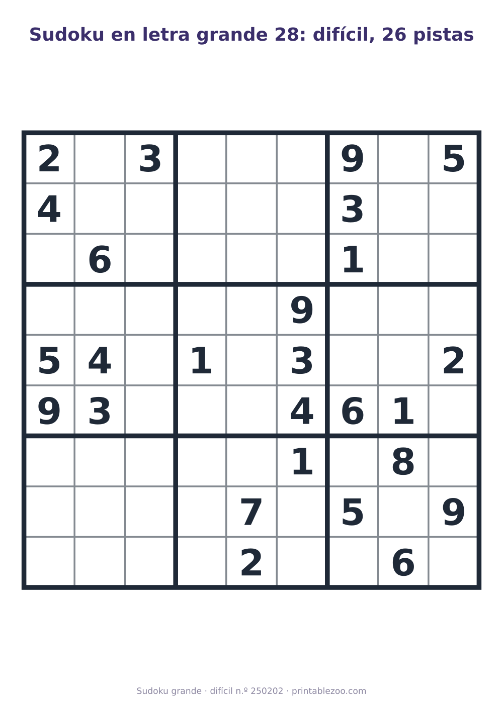 Sudoku en letra grande para imprimir de nivel difícil, 26 pistas, pasatiempo 250202