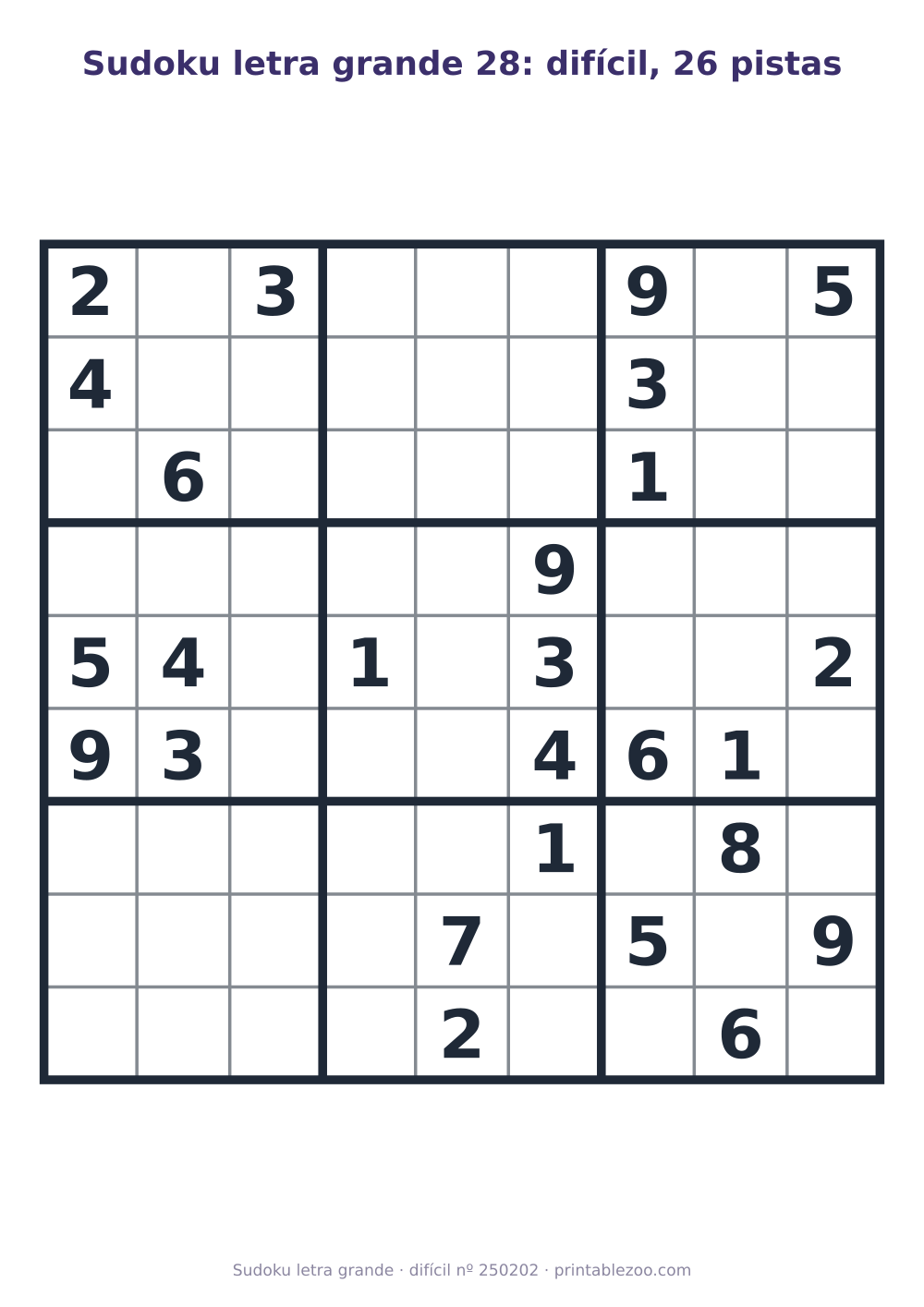 Sudoku letra grande para imprimir de nível difícil, 26 pistas, desafio 250202