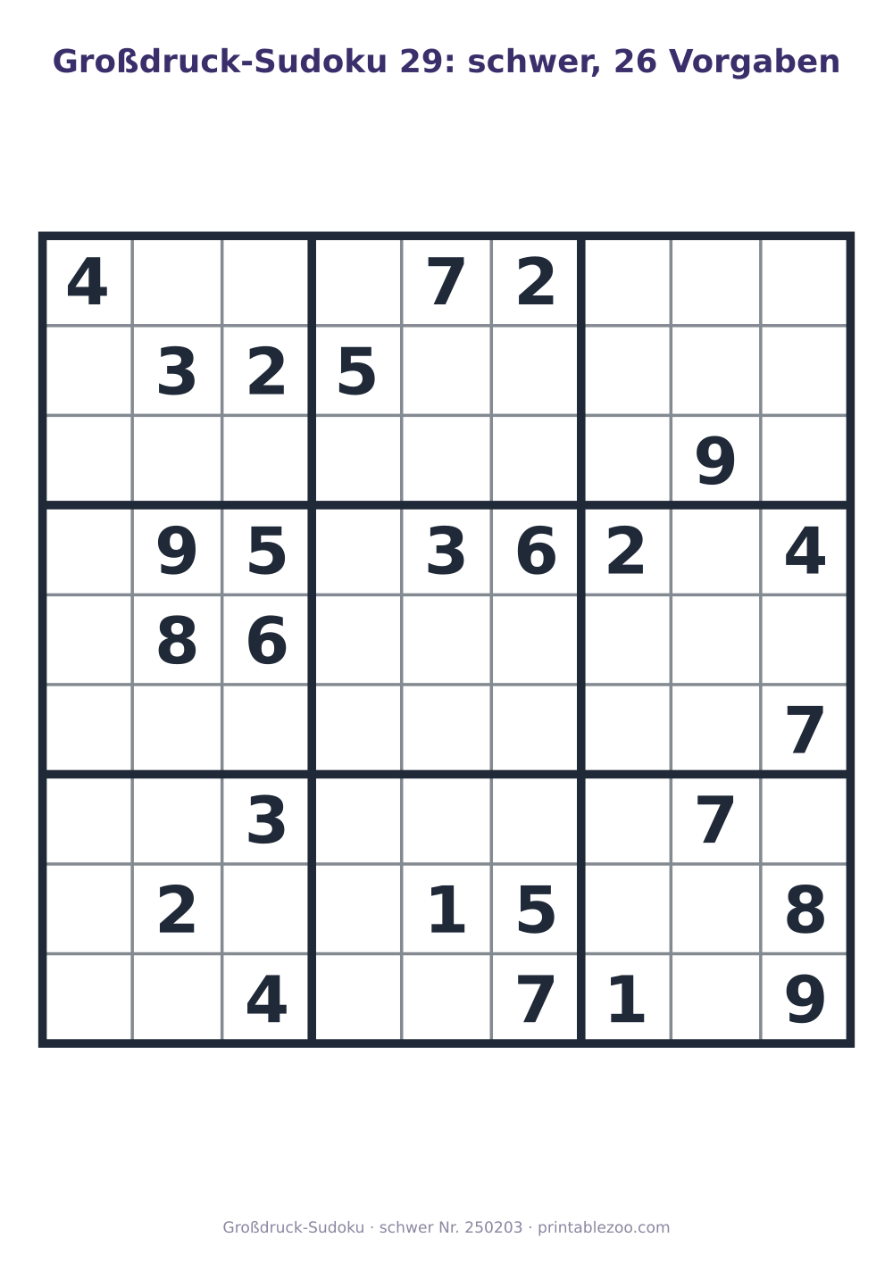 Großdruck-Sudoku zum Ausdrucken, Stufe schwer, 26 Vorgaben, Rätsel 250203
