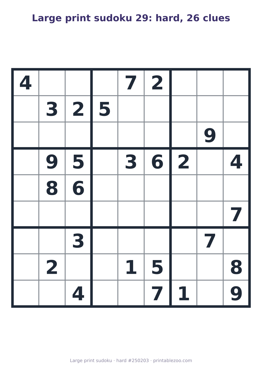 Large print sudoku printable, hard, 26 clues, puzzle 250203