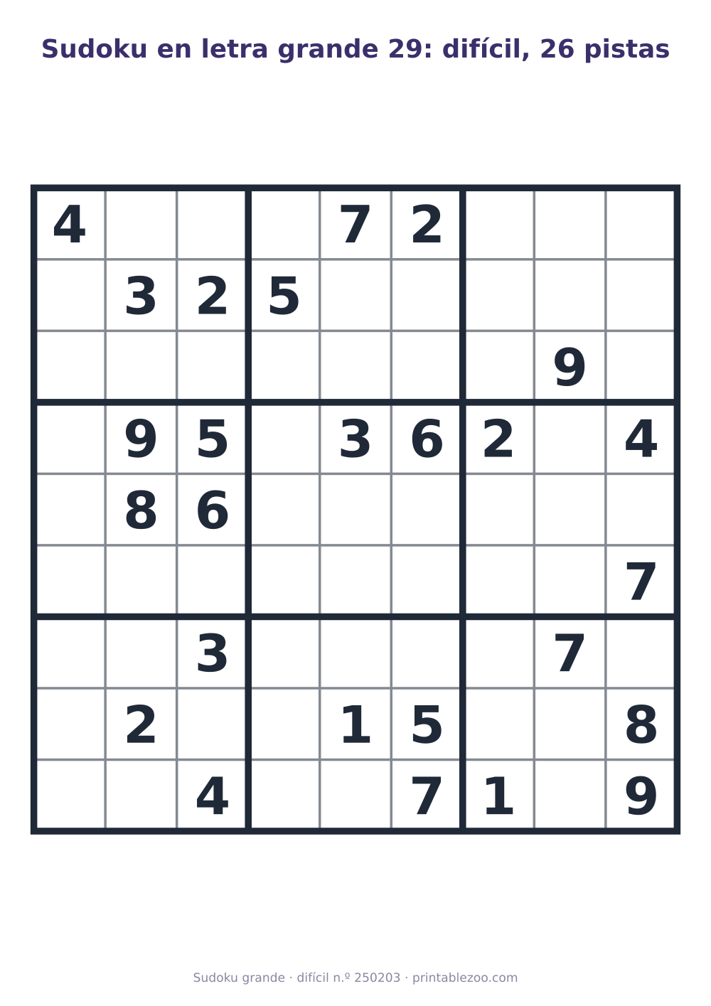 Sudoku en letra grande para imprimir de nivel difícil, 26 pistas, pasatiempo 250203