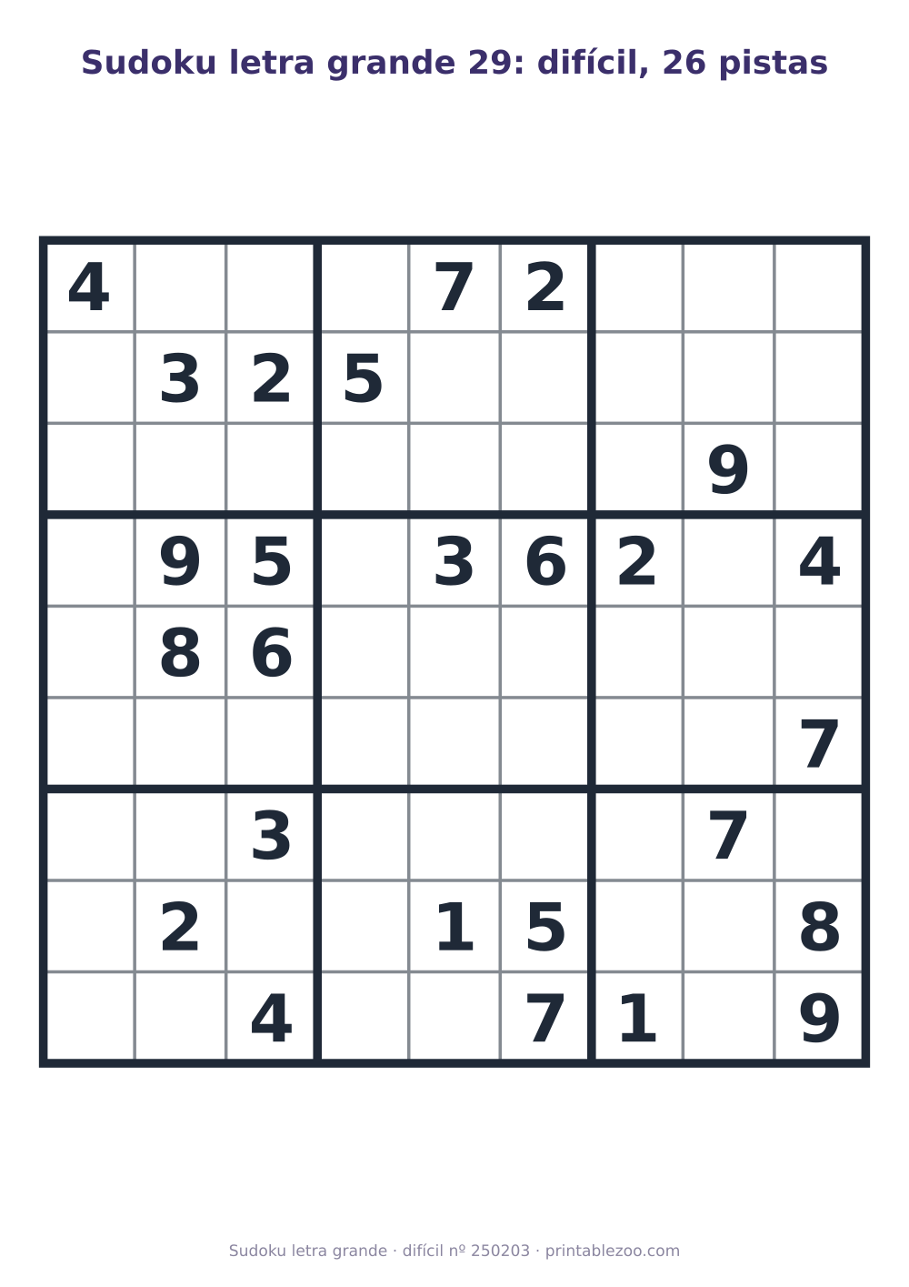 Sudoku letra grande para imprimir de nível difícil, 26 pistas, desafio 250203