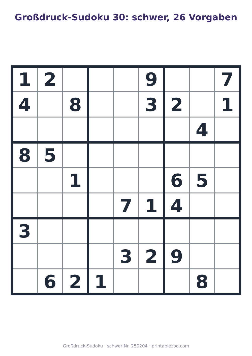 Großdruck-Sudoku zum Ausdrucken, Stufe schwer, 26 Vorgaben, Rätsel 250204