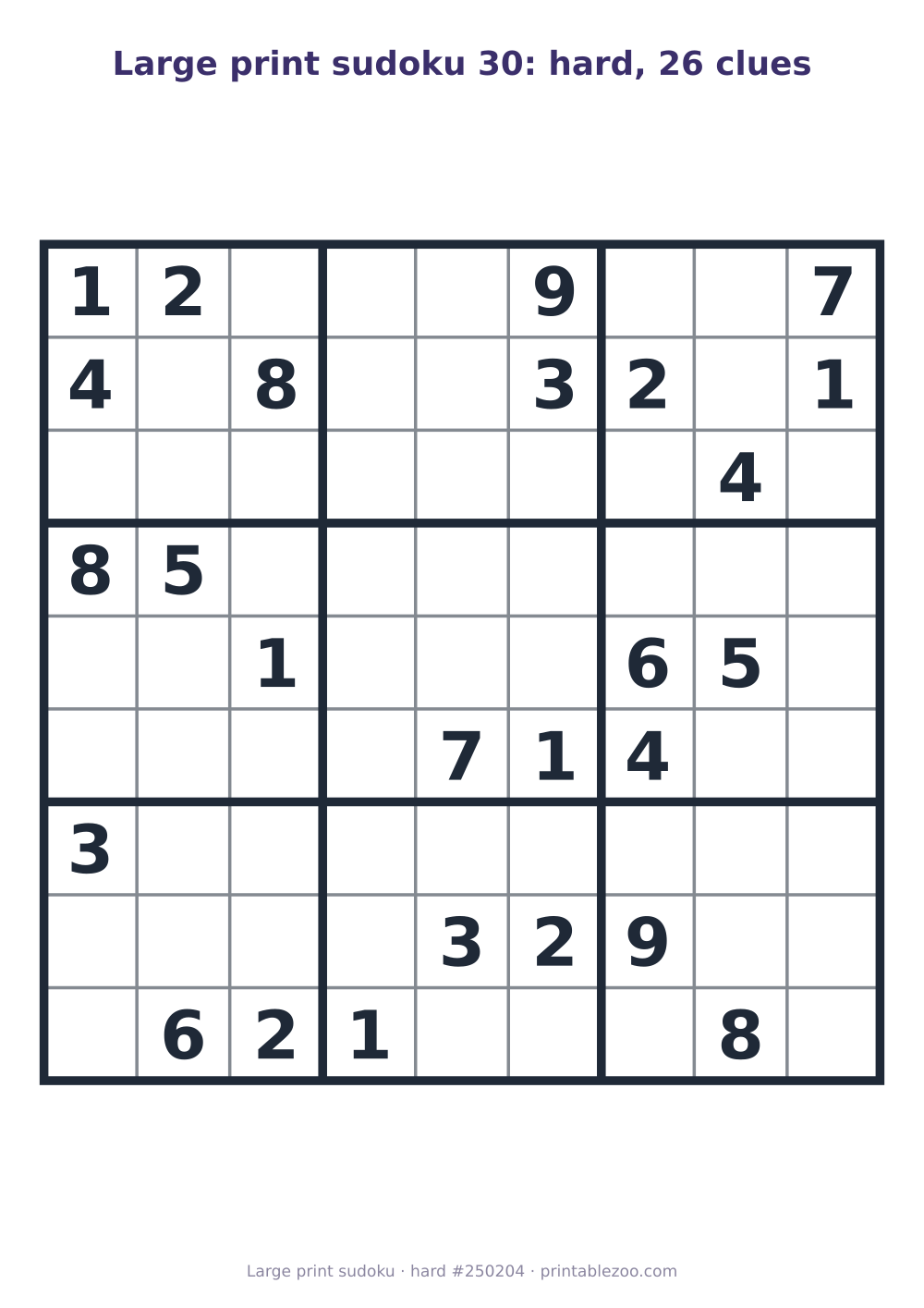 Large print sudoku printable, hard, 26 clues, puzzle 250204