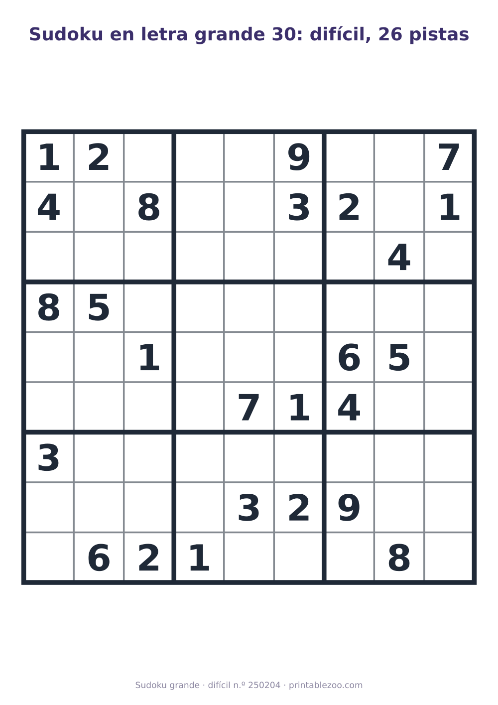 Sudoku en letra grande para imprimir de nivel difícil, 26 pistas, pasatiempo 250204