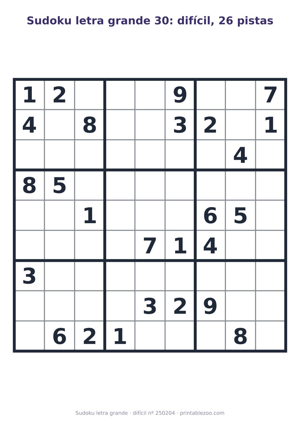 Sudoku letra grande para imprimir de nível difícil, 26 pistas, desafio 250204