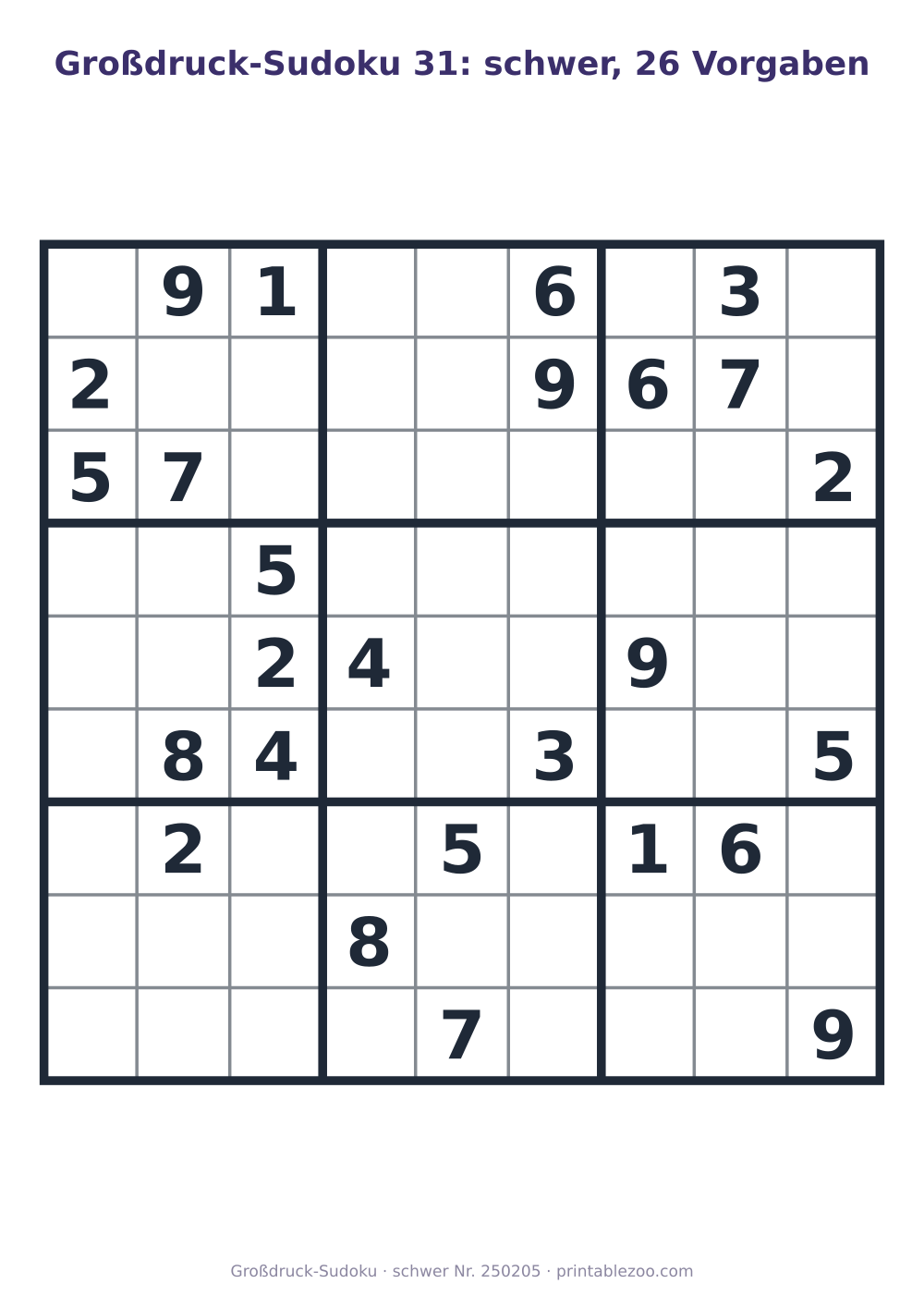 Großdruck-Sudoku zum Ausdrucken, Stufe schwer, 26 Vorgaben, Rätsel 250205