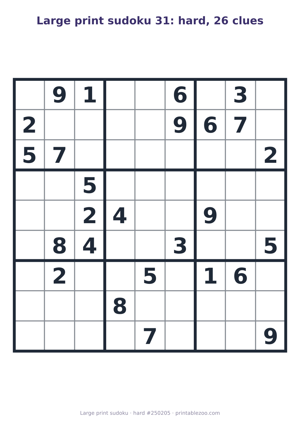 Large print sudoku printable, hard, 26 clues, puzzle 250205