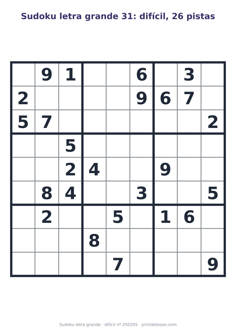 Sudoku letra grande para imprimir de nível difícil, 26 pistas, desafio 250205