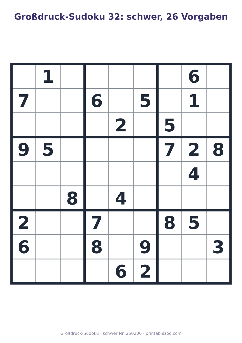 Großdruck-Sudoku zum Ausdrucken, Stufe schwer, 26 Vorgaben, Rätsel 250206
