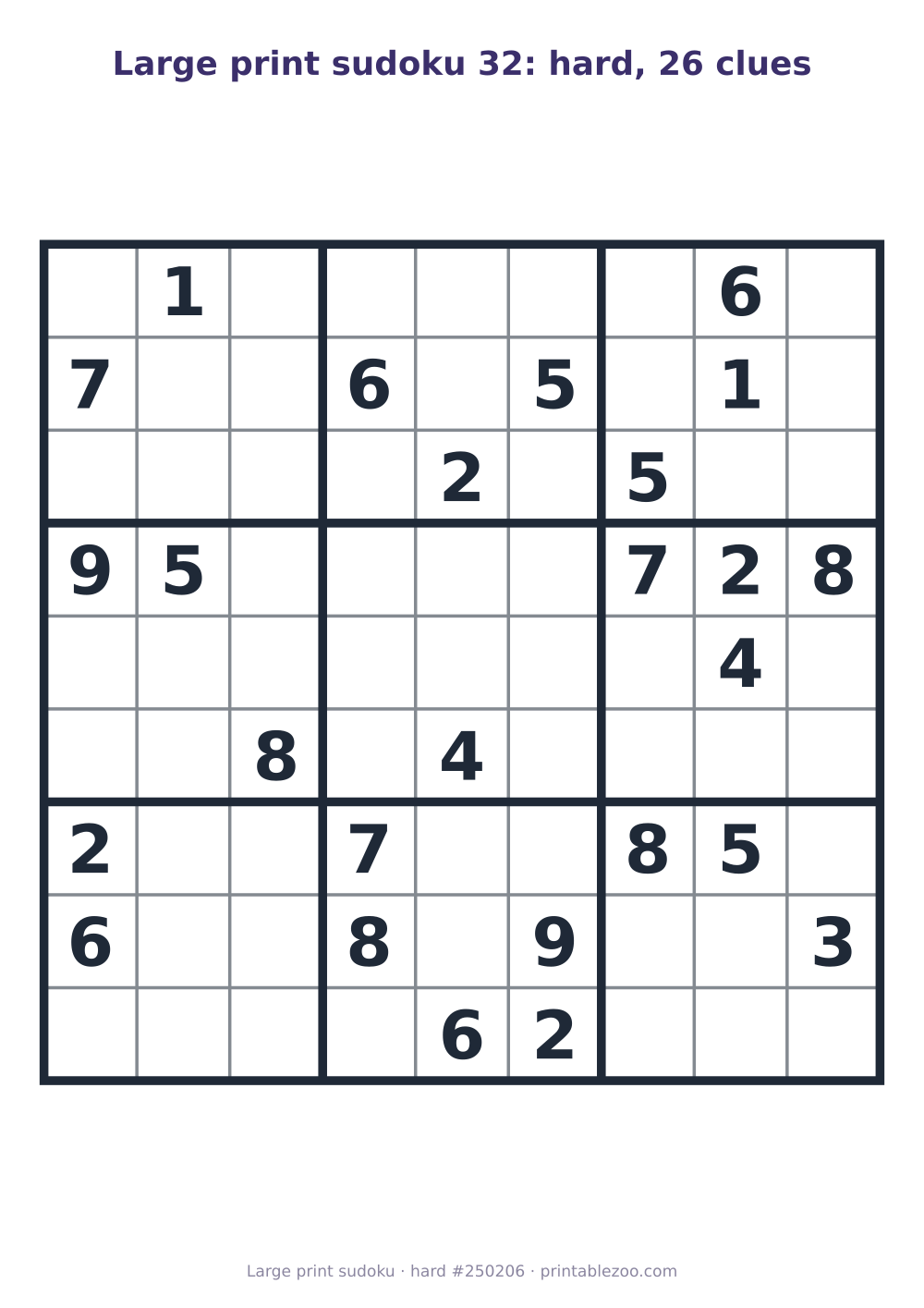 Large print sudoku printable, hard, 26 clues, puzzle 250206