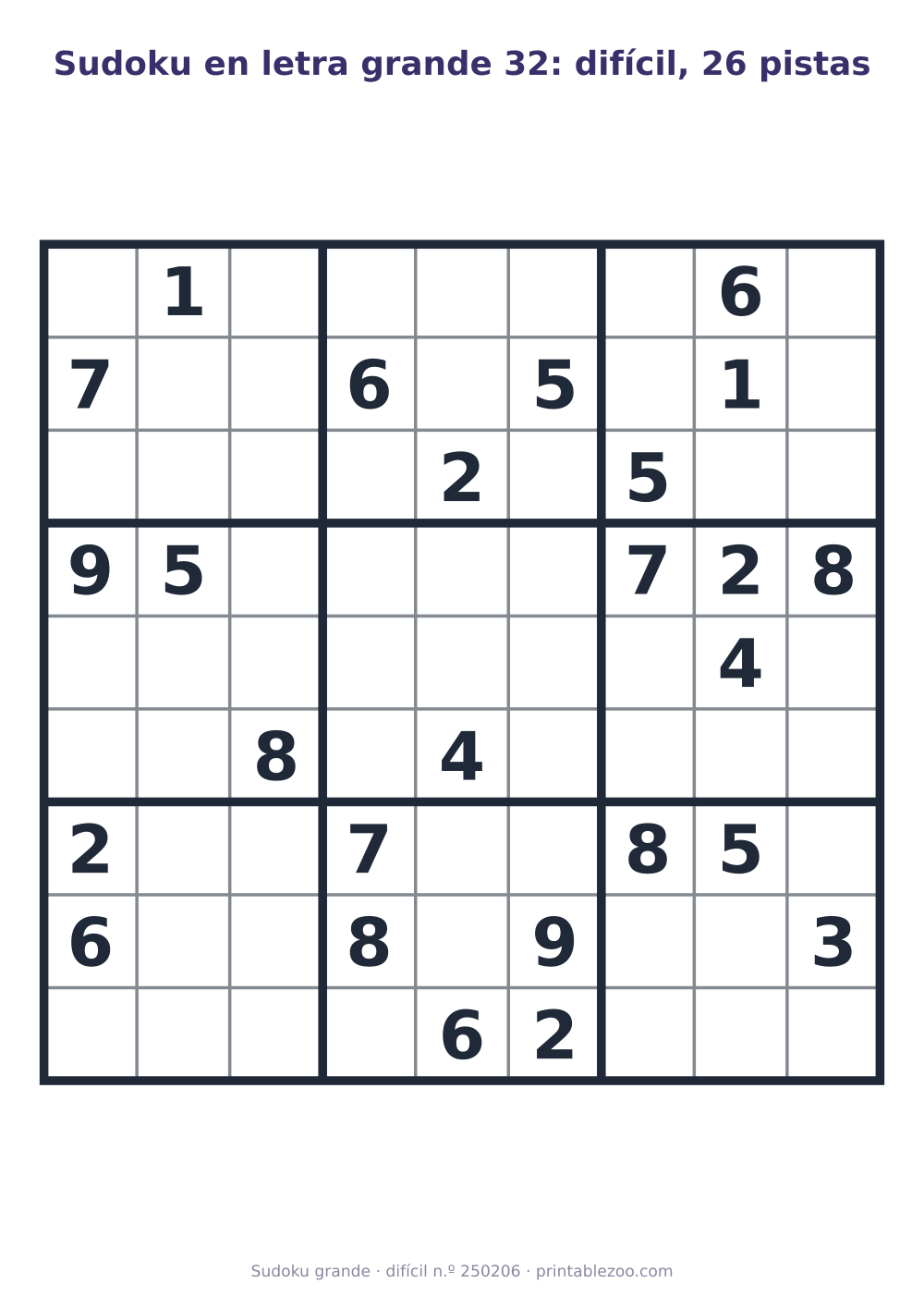 Sudoku en letra grande para imprimir de nivel difícil, 26 pistas, pasatiempo 250206
