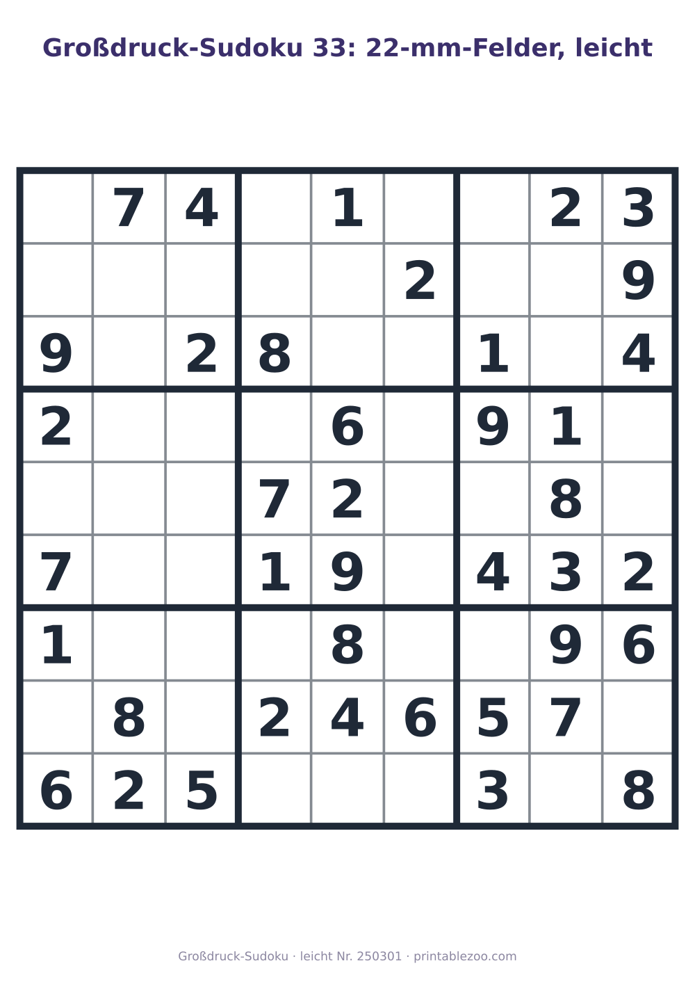 Großdruck-Sudoku zum Ausdrucken mit 22-mm-Feldern, Stufe leicht, 40 Vorgaben, Rätsel 250301