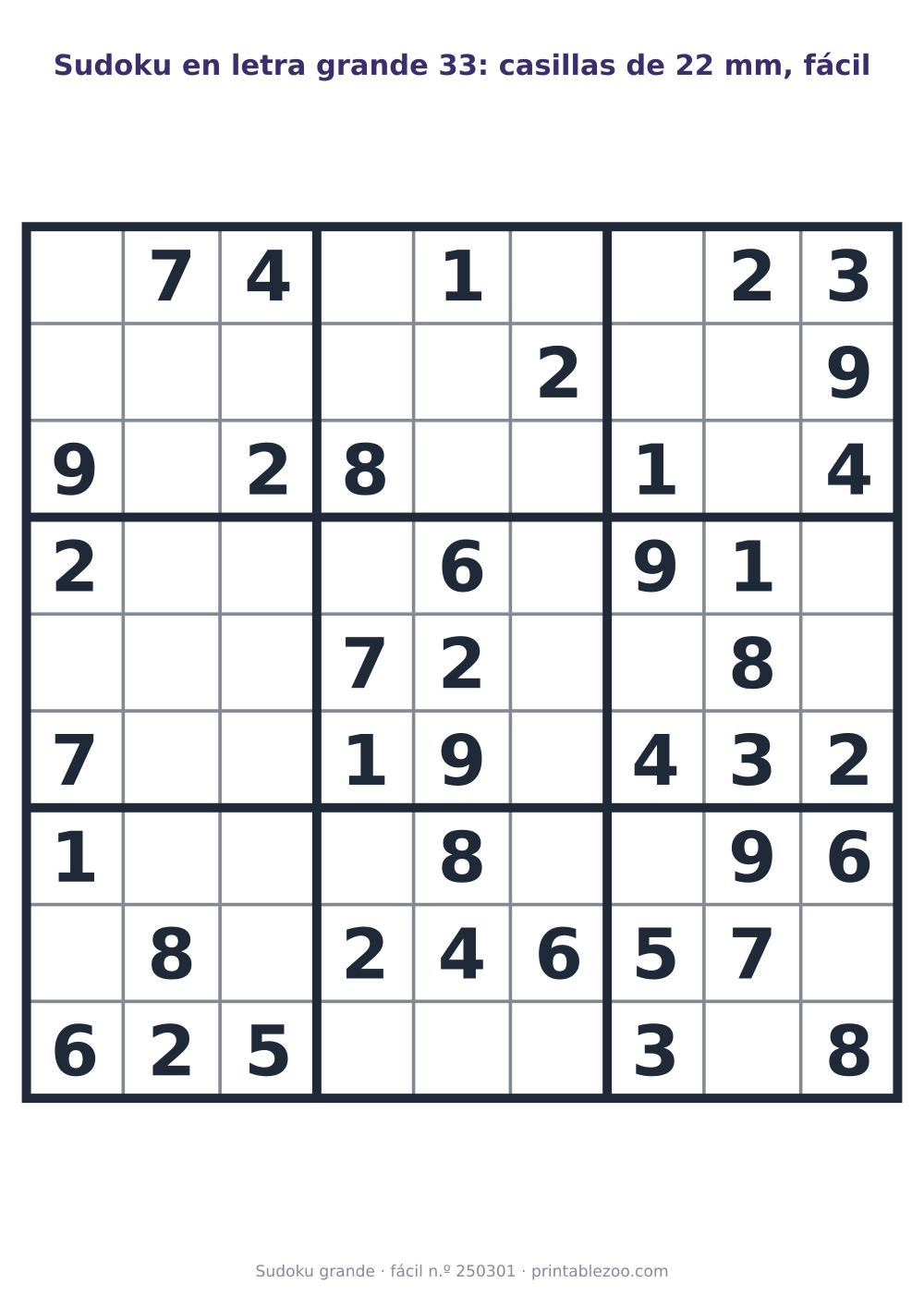 Sudoku en letra grande para imprimir con casillas de 22 mm, nivel fácil, 40 pistas, pasatiempo 250301