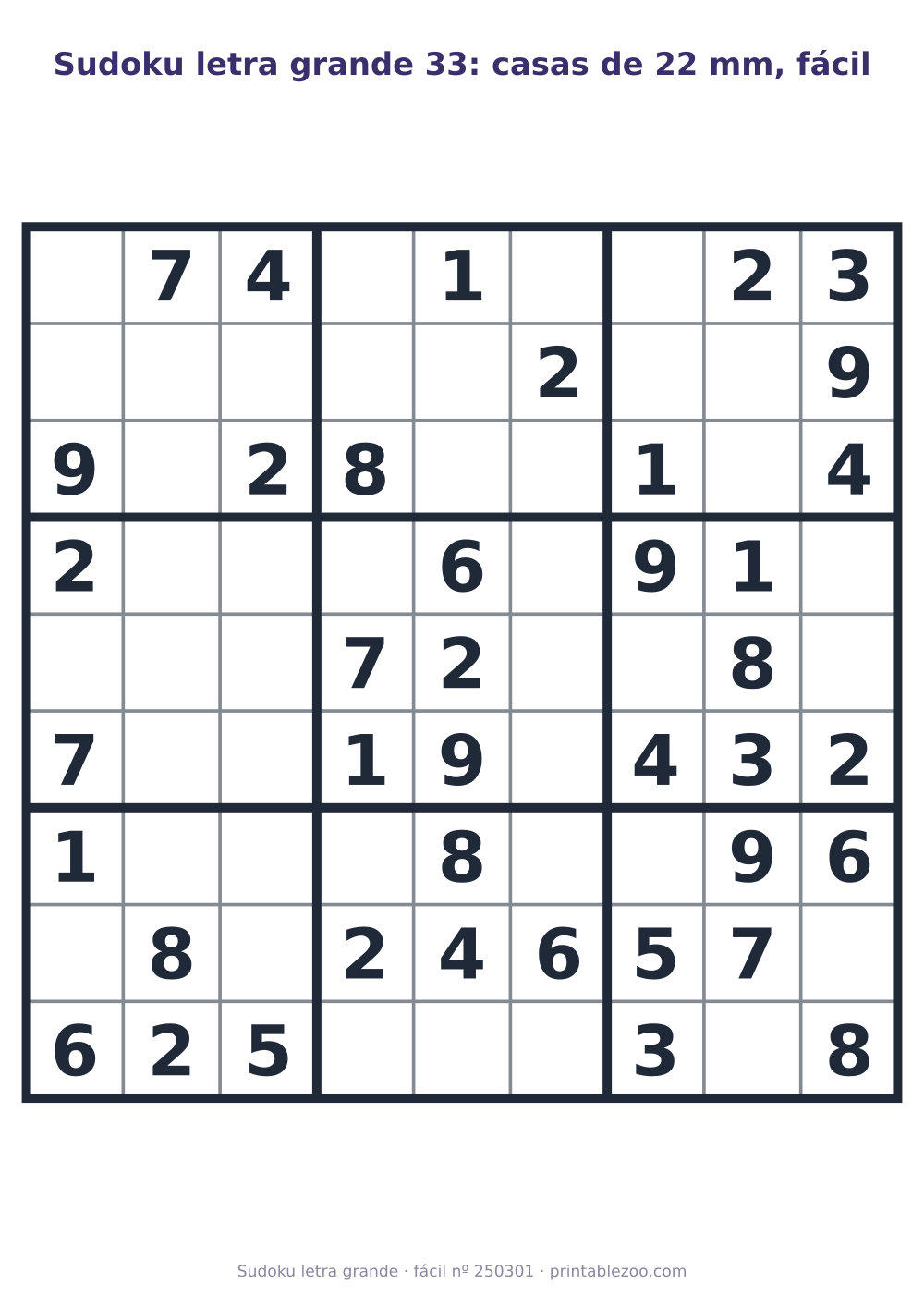 Sudoku letra grande para imprimir com casas de 22 mm, nível fácil, 40 pistas, desafio 250301