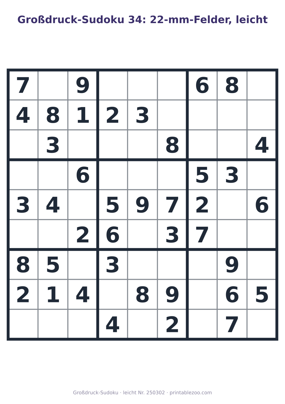 Großdruck-Sudoku zum Ausdrucken mit 22-mm-Feldern, Stufe leicht, 40 Vorgaben, Rätsel 250302