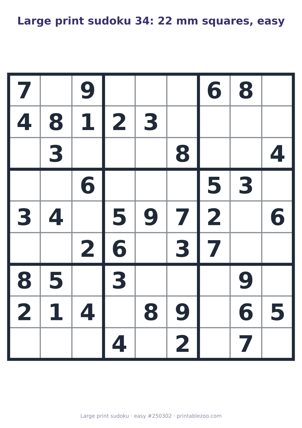 Large print sudoku printable with 22 mm squares, easy, 40 clues, puzzle 250302