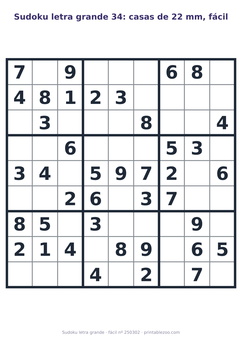 Sudoku letra grande para imprimir com casas de 22 mm, nível fácil, 40 pistas, desafio 250302