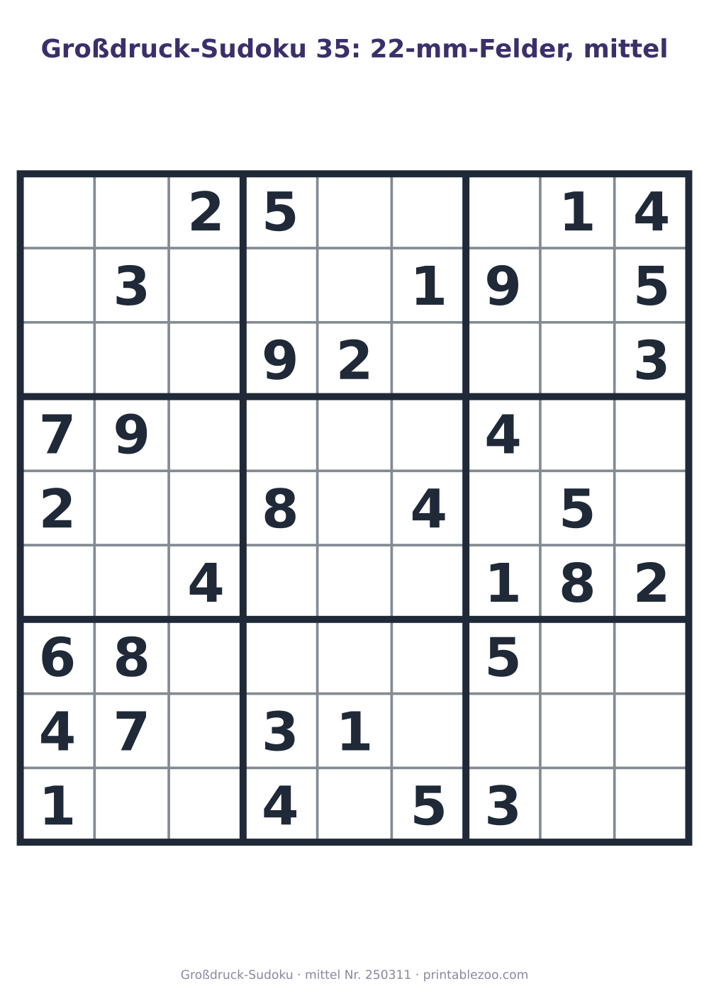 Großdruck-Sudoku zum Ausdrucken mit 22-mm-Feldern, Stufe mittel, 33 Vorgaben, Rätsel 250311