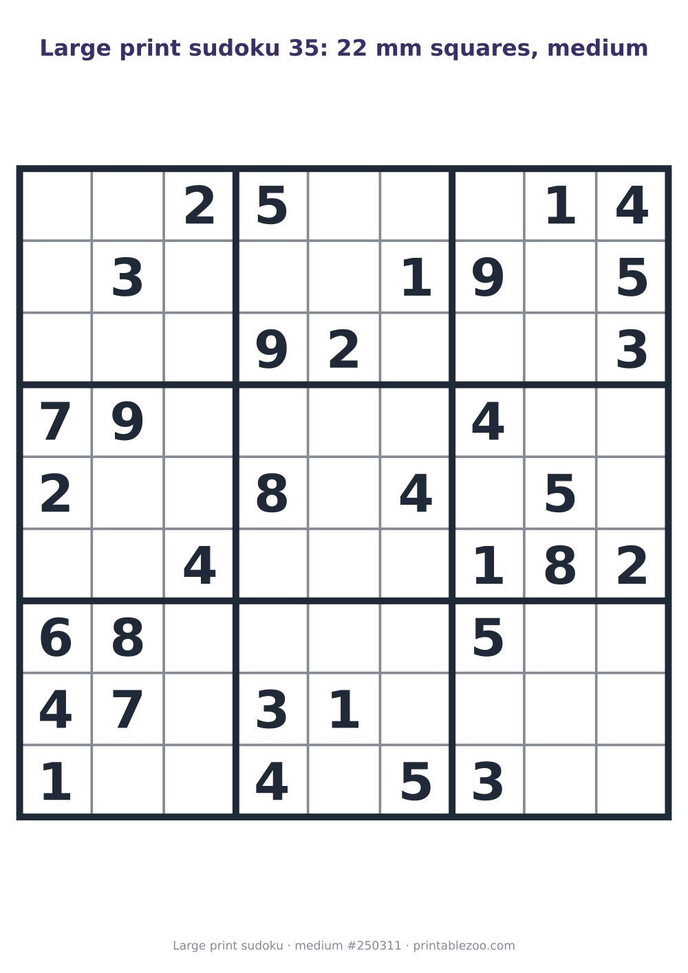 Large print sudoku printable with 22 mm squares, medium, 33 clues, puzzle 250311