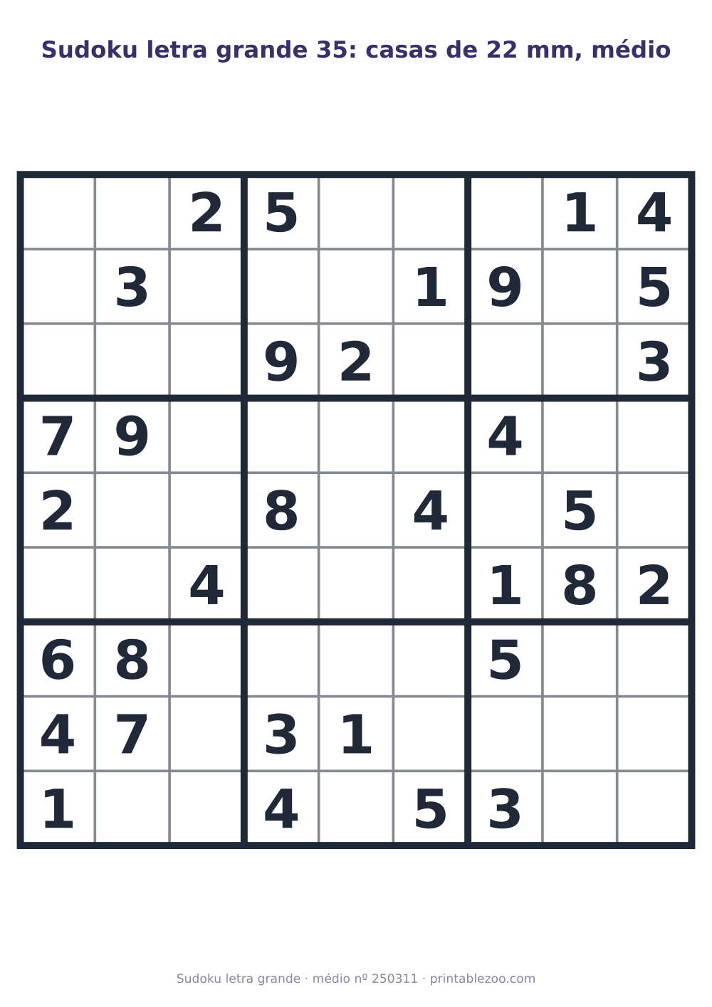 Sudoku letra grande para imprimir com casas de 22 mm, nível médio, 33 pistas, desafio 250311