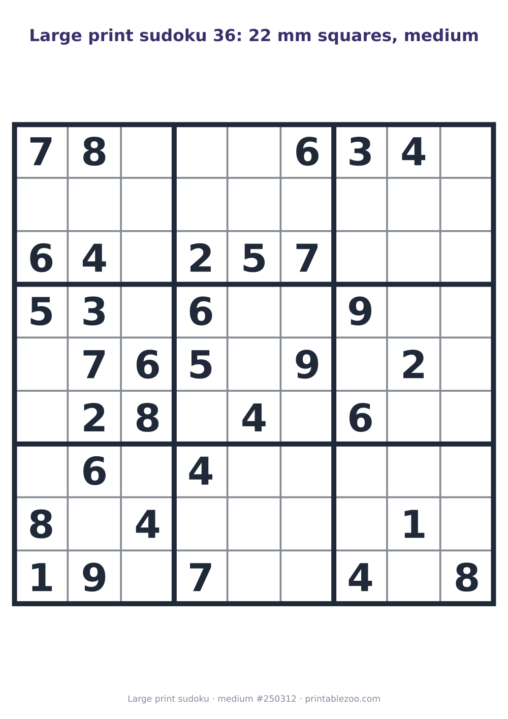 Large print sudoku printable with 22 mm squares, medium, 33 clues, puzzle 250312