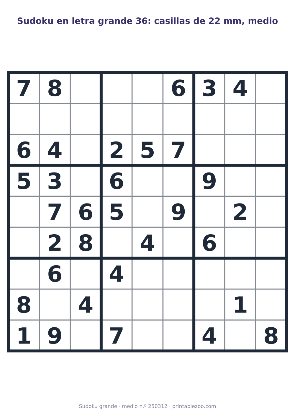 Sudoku en letra grande para imprimir con casillas de 22 mm, nivel medio, 33 pistas, pasatiempo 250312