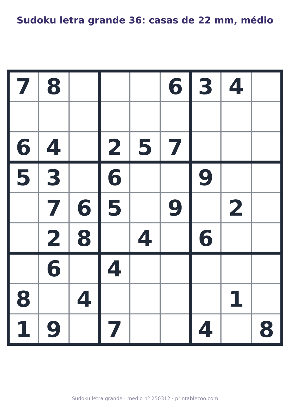 Sudoku letra grande para imprimir com casas de 22 mm, nível médio, 33 pistas, desafio 250312