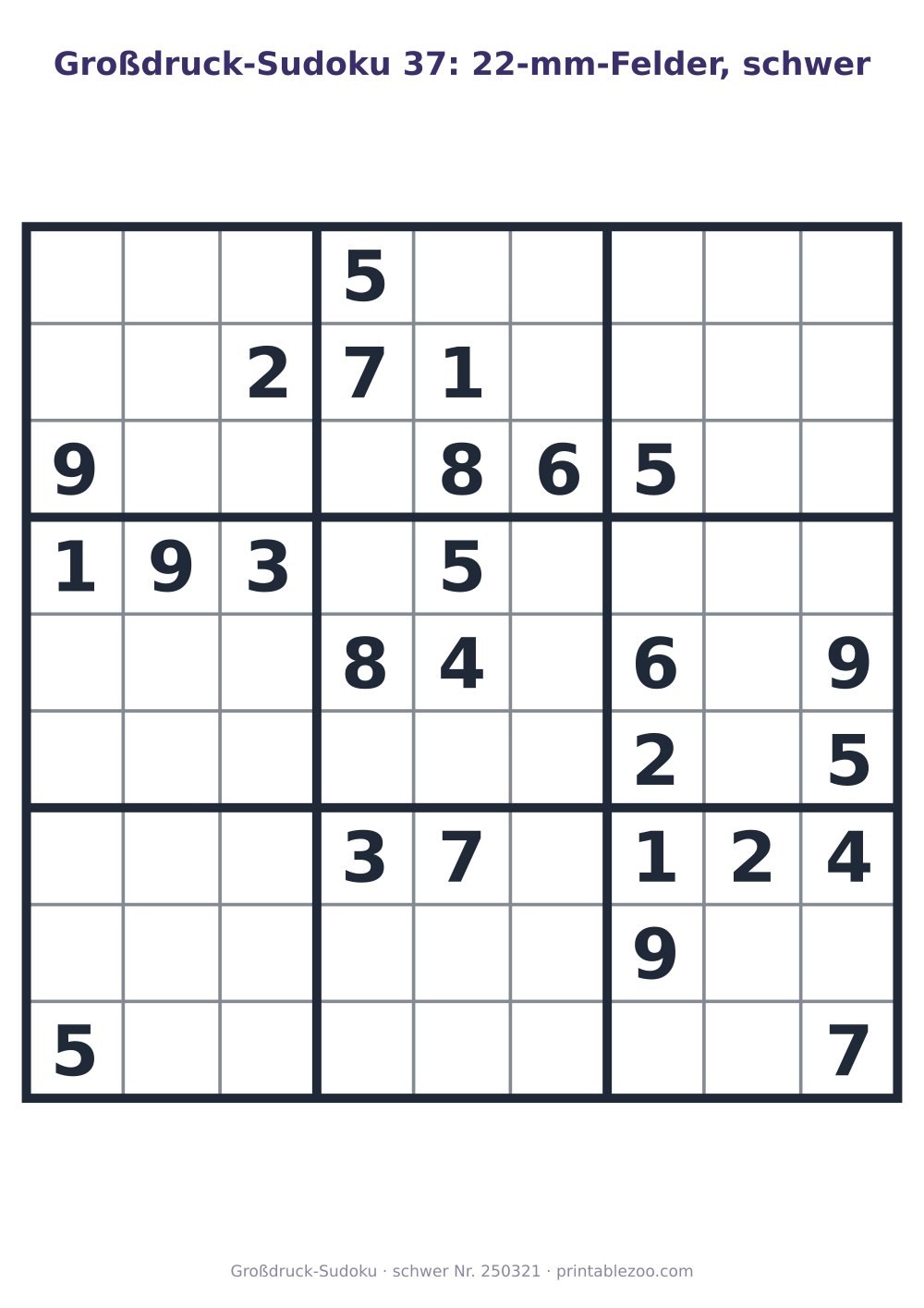 Großdruck-Sudoku zum Ausdrucken mit 22-mm-Feldern, Stufe schwer, 26 Vorgaben, Rätsel 250321