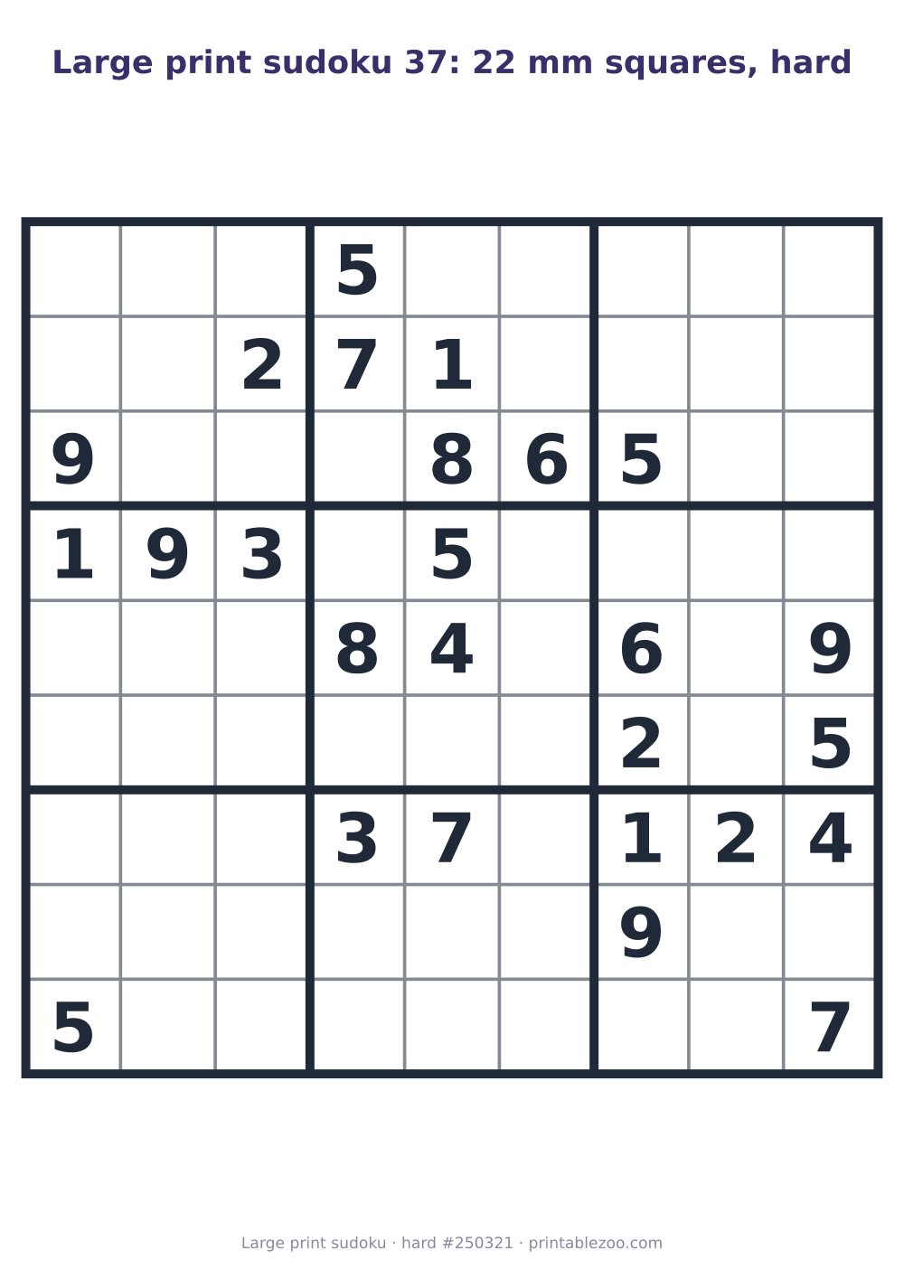 Large print sudoku printable with 22 mm squares, hard, 26 clues, puzzle 250321