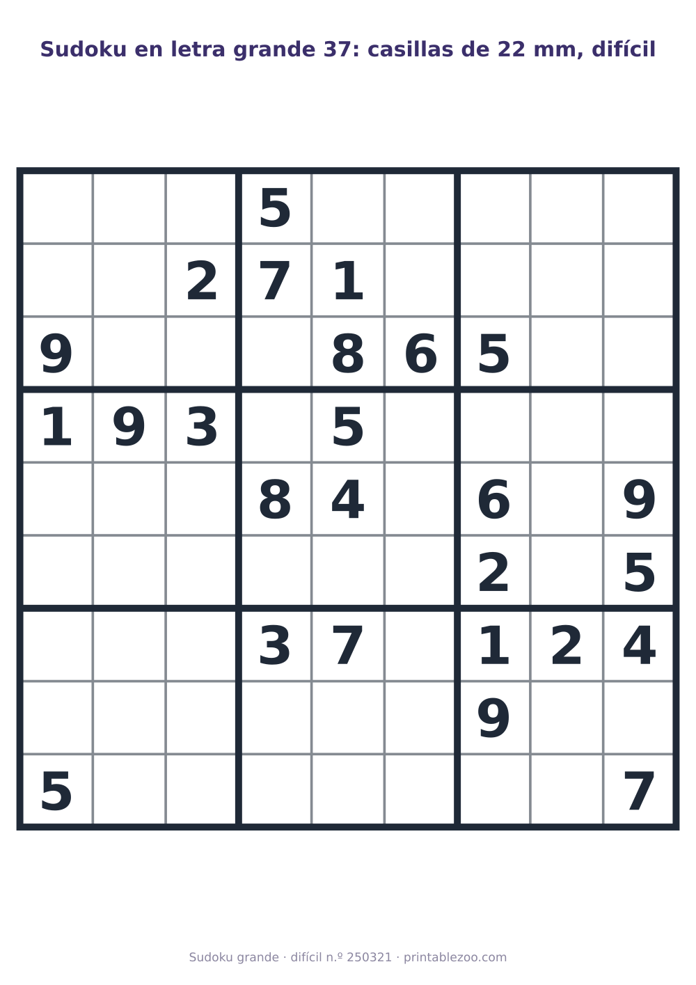 Sudoku en letra grande para imprimir con casillas de 22 mm, nivel difícil, 26 pistas, pasatiempo 250321