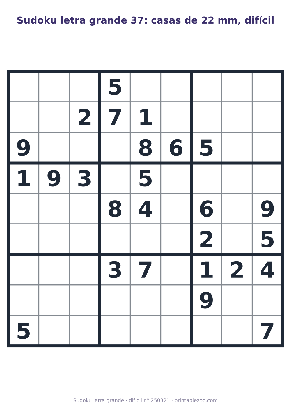 Sudoku letra grande para imprimir com casas de 22 mm, nível difícil, 26 pistas, desafio 250321