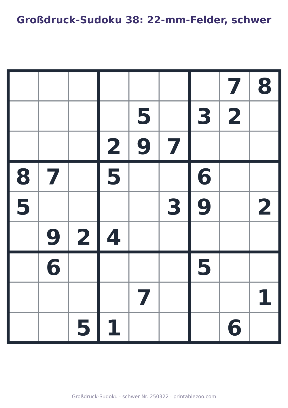 Großdruck-Sudoku zum Ausdrucken mit 22-mm-Feldern, Stufe schwer, 26 Vorgaben, Rätsel 250322