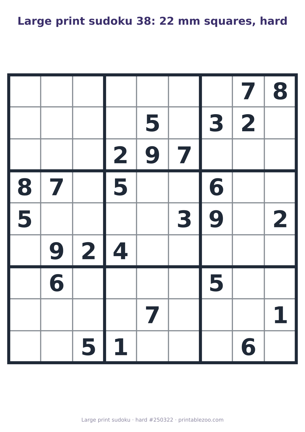 Large print sudoku printable with 22 mm squares, hard, 26 clues, puzzle 250322