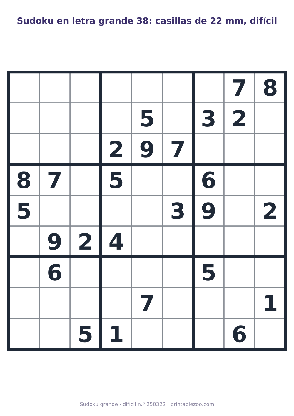 Sudoku en letra grande para imprimir con casillas de 22 mm, nivel difícil, 26 pistas, pasatiempo 250322