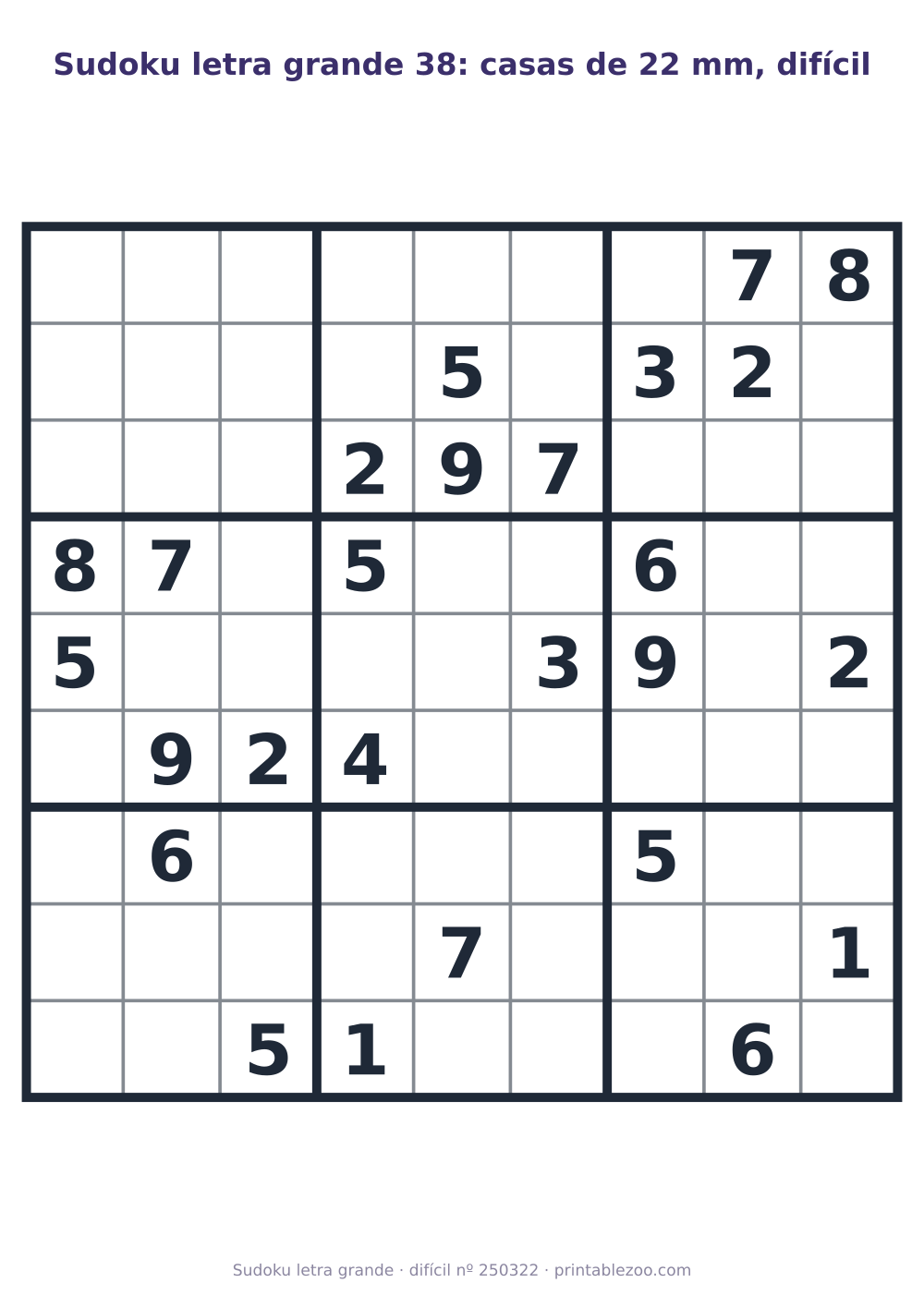 Sudoku letra grande para imprimir com casas de 22 mm, nível difícil, 26 pistas, desafio 250322