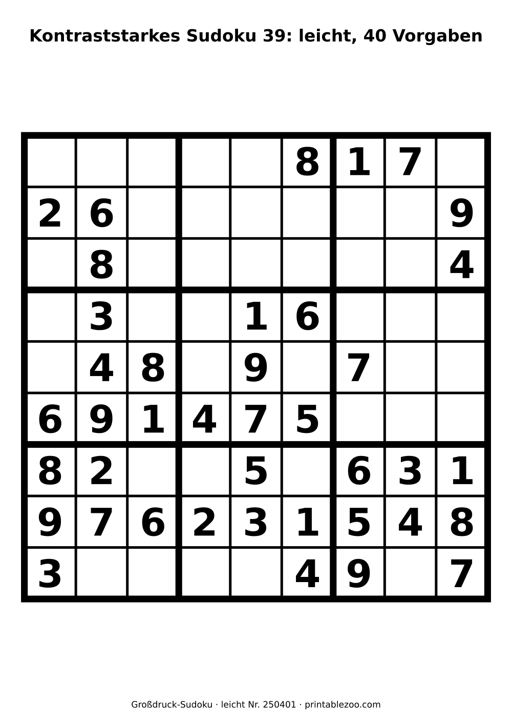 Kontraststarkes Sudoku bei Sehschwäche zum Ausdrucken, Stufe leicht, 40 Vorgaben, Rätsel 250401